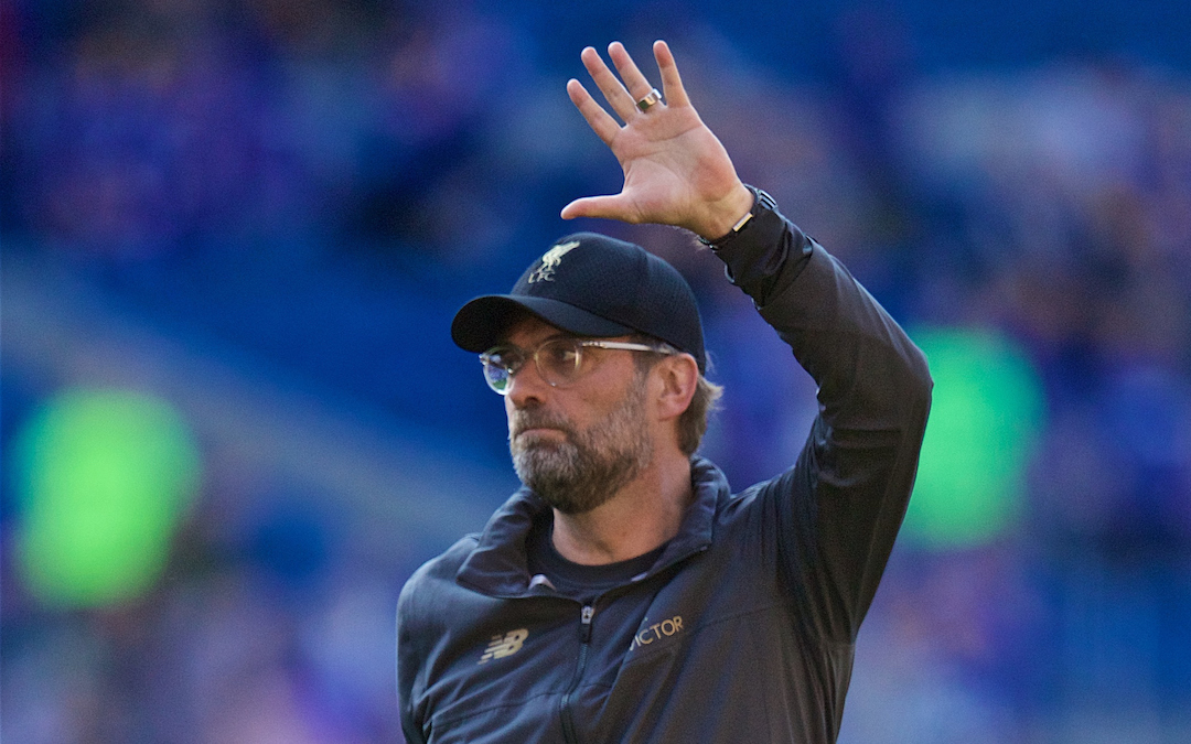 CARDIFF, WALES - Saturday, April 20, 2019: Liverpool's manager J¸rgen Klopp celebrates after the 2-0 victory during the FA Premier League match between Cardiff City FC and Liverpool FC at the Cardiff City Stadium. (Pic by David Rawcliffe/Propaganda)