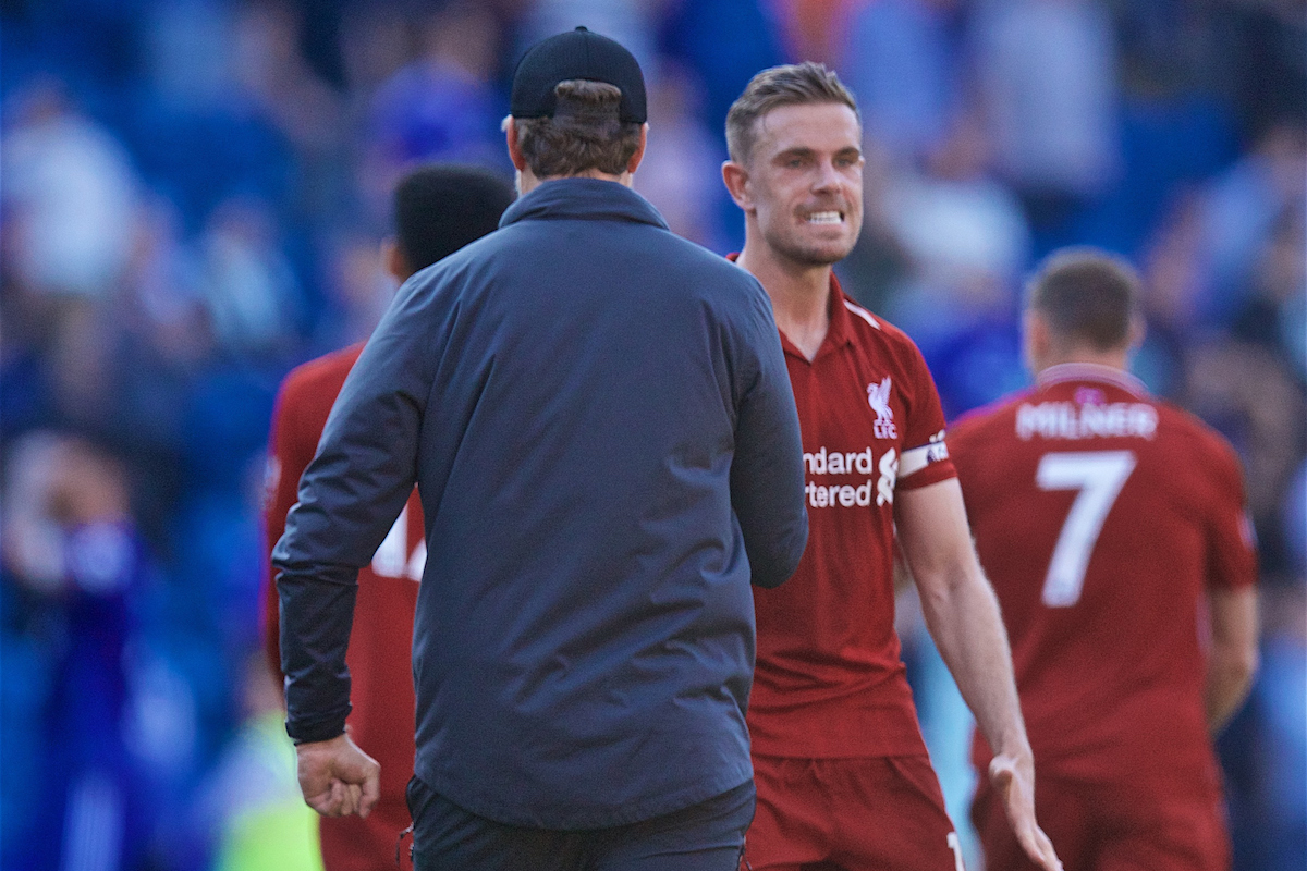 CARDIFF, WALES - Saturday, April 20, 2019: Liverpool's captain Jordan Henderson celebrates with manager J¸rgen Klopp after the 2-0 victory during the FA Premier League match between Cardiff City FC and Liverpool FC at the Cardiff City Stadium. (Pic by David Rawcliffe/Propaganda)