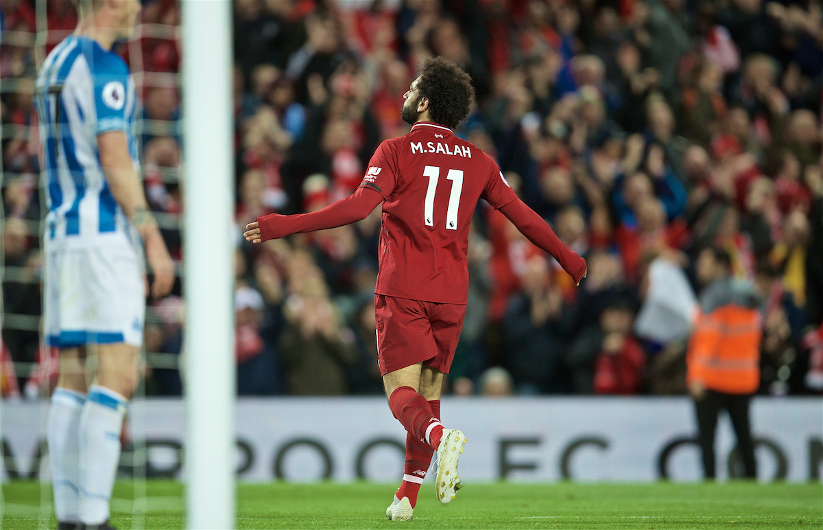 LIVERPOOL, ENGLAND - Friday, April 26, 2019: Liverpool's Mohamed Salah celebrates scoring the third goal during the FA Premier League match between Liverpool FC and Huddersfield Town AFC at Anfield. (Pic by David Rawcliffe/Propaganda)