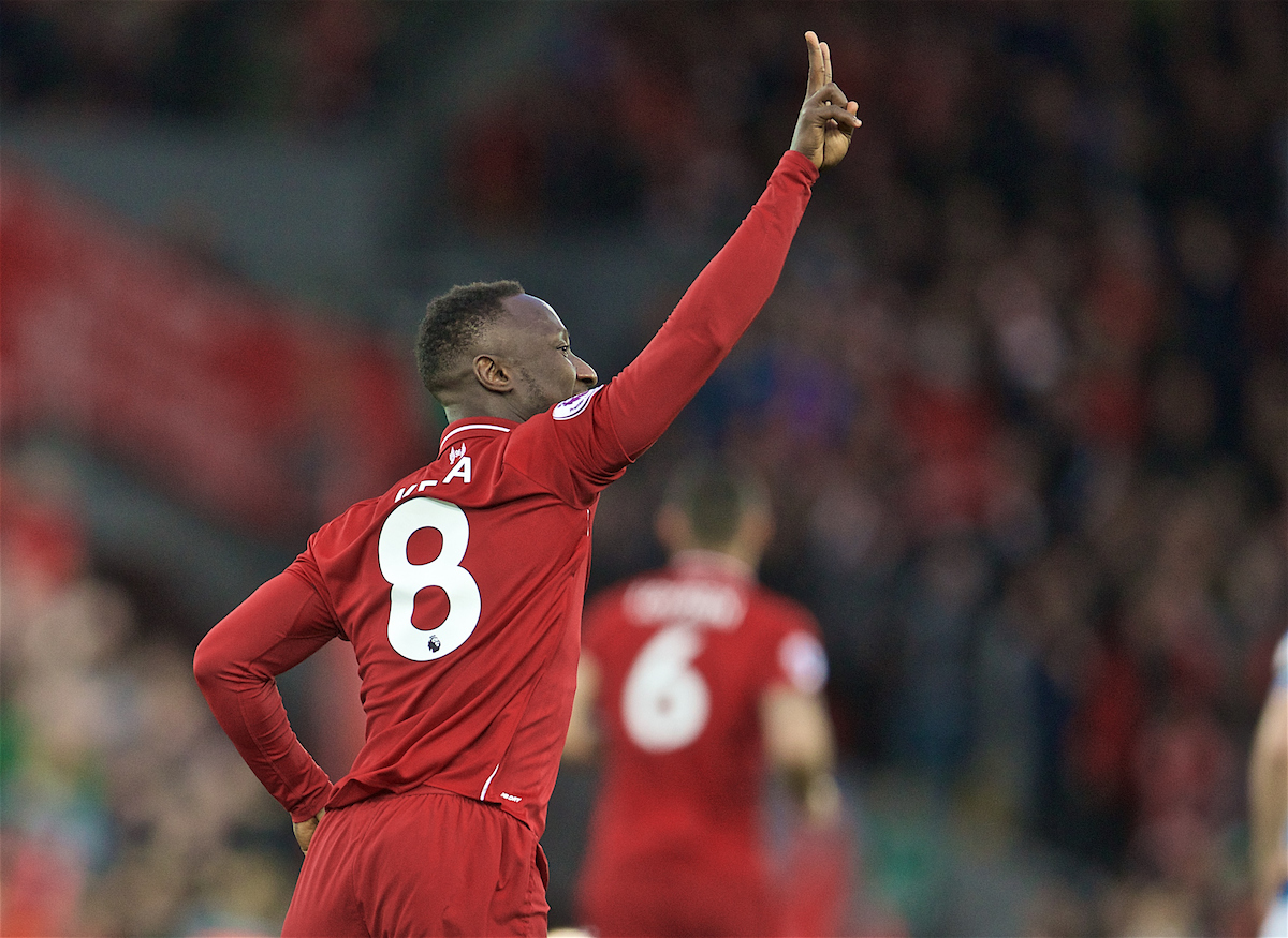 LIVERPOOL, ENGLAND - Friday, April 26, 2019: Liverpool's Naby Keita celebrates scoring the first goal during the FA Premier League match between Liverpool FC and Huddersfield Town AFC at Anfield. (Pic by David Rawcliffe/Propaganda)