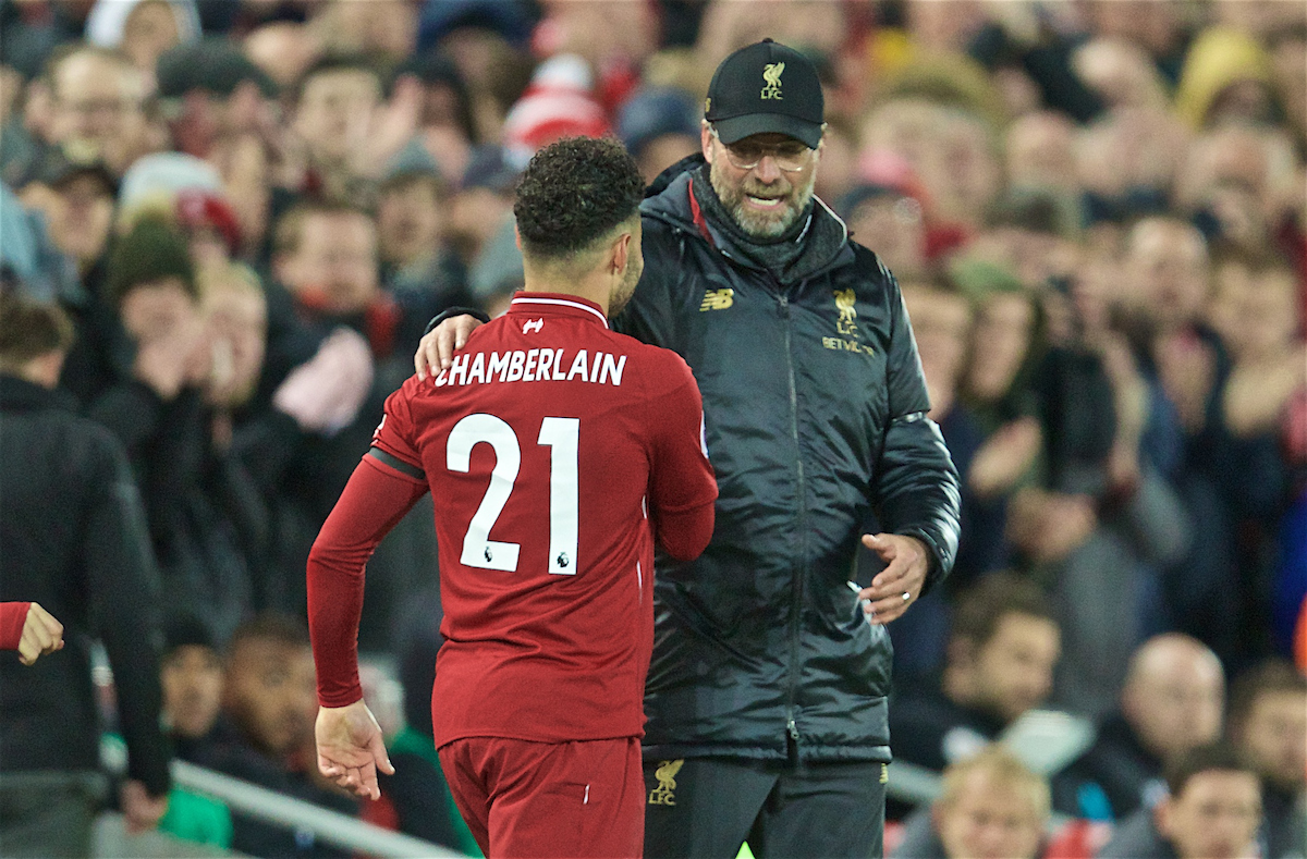 LIVERPOOL, ENGLAND - Friday, April 26, 2019: Liverpool's Alex Oxlade-Chamberlain comes on after a year out injured during the FA Premier League match between Liverpool FC and Huddersfield Town AFC at Anfield. (Pic by David Rawcliffe/Propaganda)