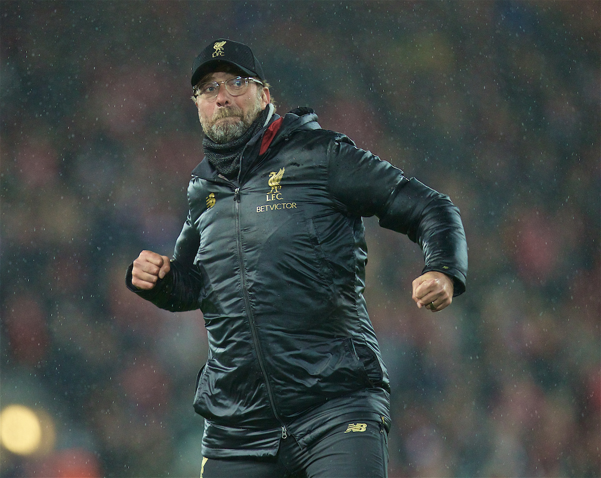 LIVERPOOL, ENGLAND - Friday, April 26, 2019: Liverpool's manager Jürgen Klopp performs his traditional triple air punch in front of the Spion Kop after the FA Premier League match between Liverpool FC and Huddersfield Town AFC at Anfield. Liverpool won 5-0. (Pic by David Rawcliffe/Propaganda)
