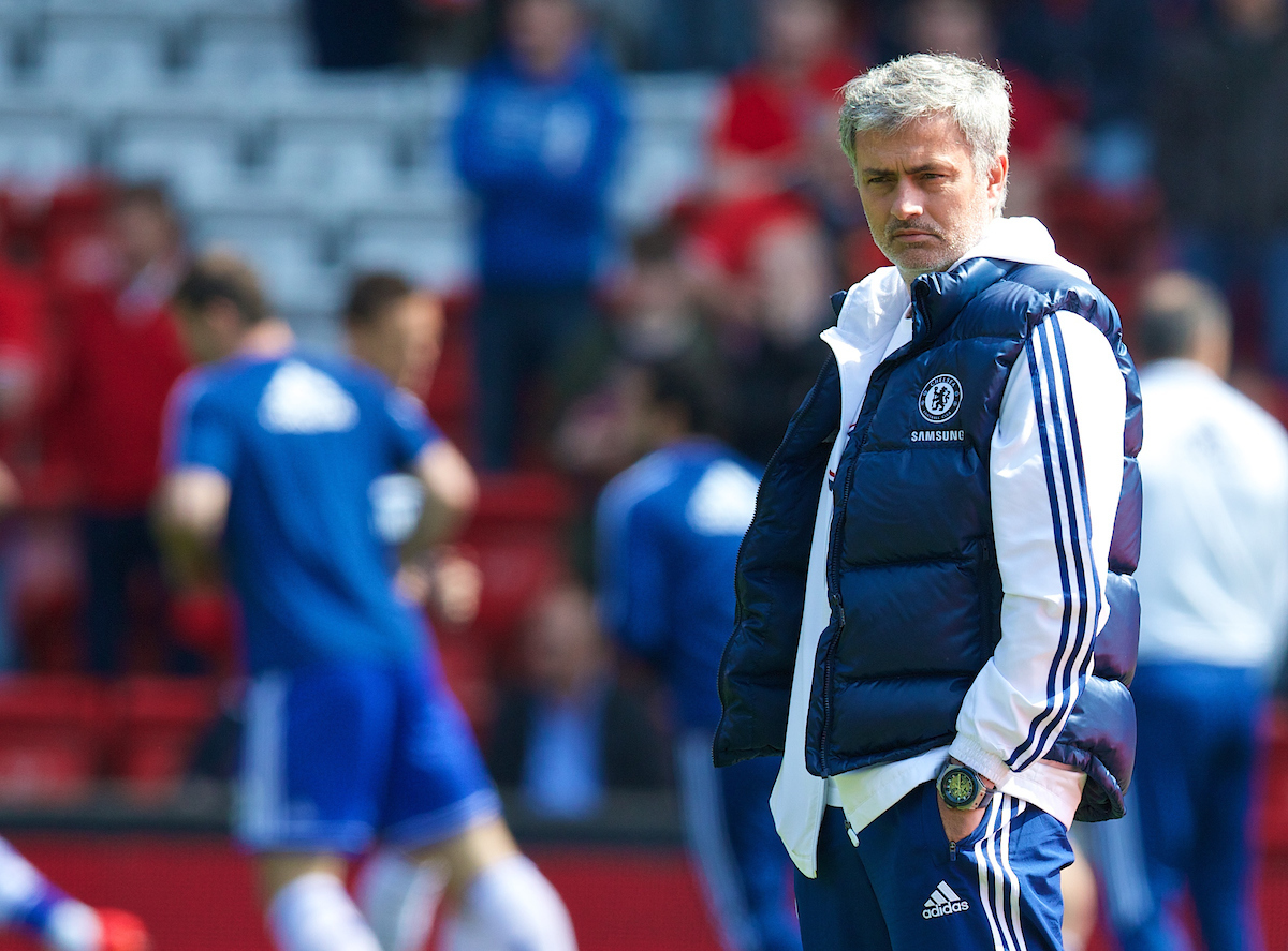 LIVERPOOL, ENGLAND - Sunday, April 27, 2014: A nervous looking Chelsea manager Jose Mourinho on the pitch before the Premiership match against Liverpool at Anfield. (Pic by David Rawcliffe/Propaganda)