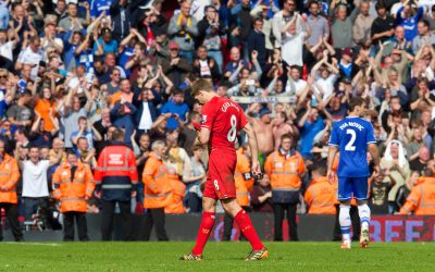 Sunday, April 27, 2014: Liverpool's captain Steven Gerrard looks dejected at the final whistle as Chelsea's ultra defensive play leads to a 2-0 victory during the Premiership match at Anfield.