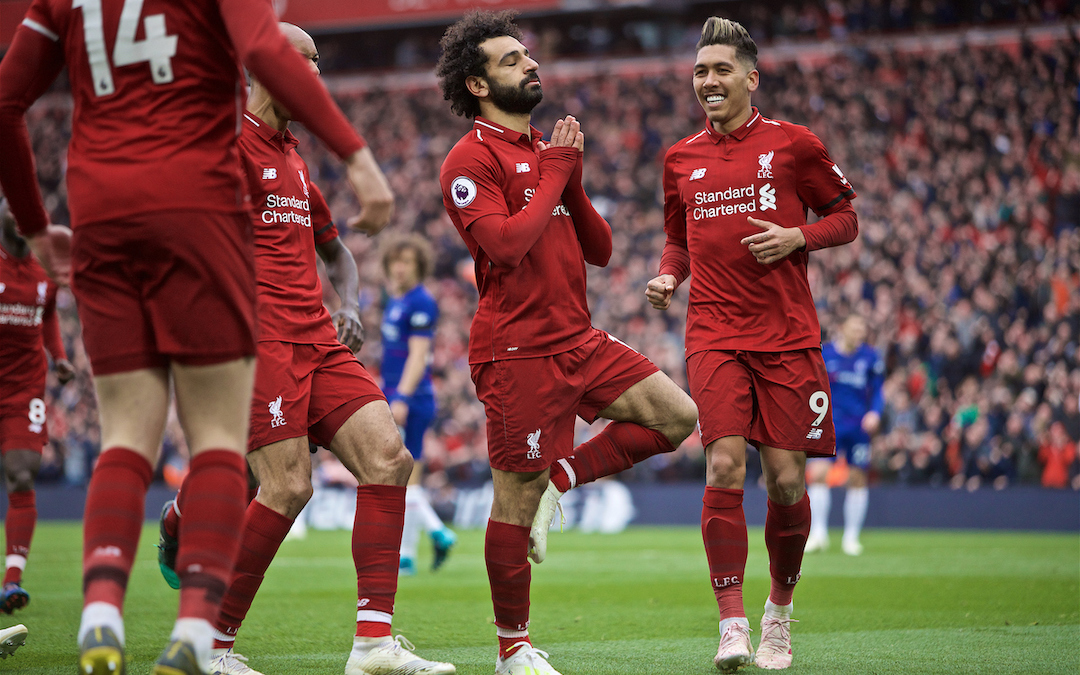 LIVERPOOL, ENGLAND - Sunday, April 14, 2019: Liverpool's Mohamed Salah celebrates scoring the second goal during the FA Premier League match between Liverpool FC and Chelsea FC at Anfield. (Pic by David Rawcliffe/Propaganda)