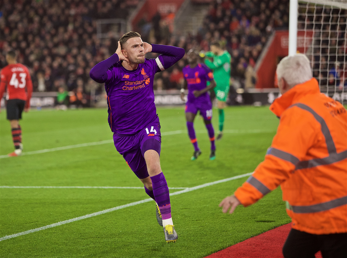 SOUTHAMPTON, ENGLAND - Friday, April 5, 2019: Liverpool's captain Jordan Henderson celebrates scoring the third goal during the FA Premier League match between Southampton FC and Liverpool FC at the St. Mary's Stadium. (Pic by David Rawcliffe/Propaganda)