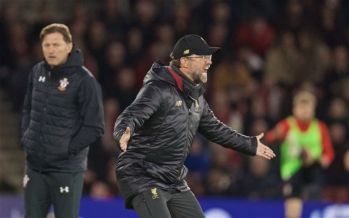 SOUTHAMPTON, ENGLAND - Friday, April 5, 2019: Liverpool's manager Jürgen Klopp reacts during the FA Premier League match between Southampton FC and Liverpool FC at the St. Mary's Stadium. (Pic by David Rawcliffe/Propaganda)