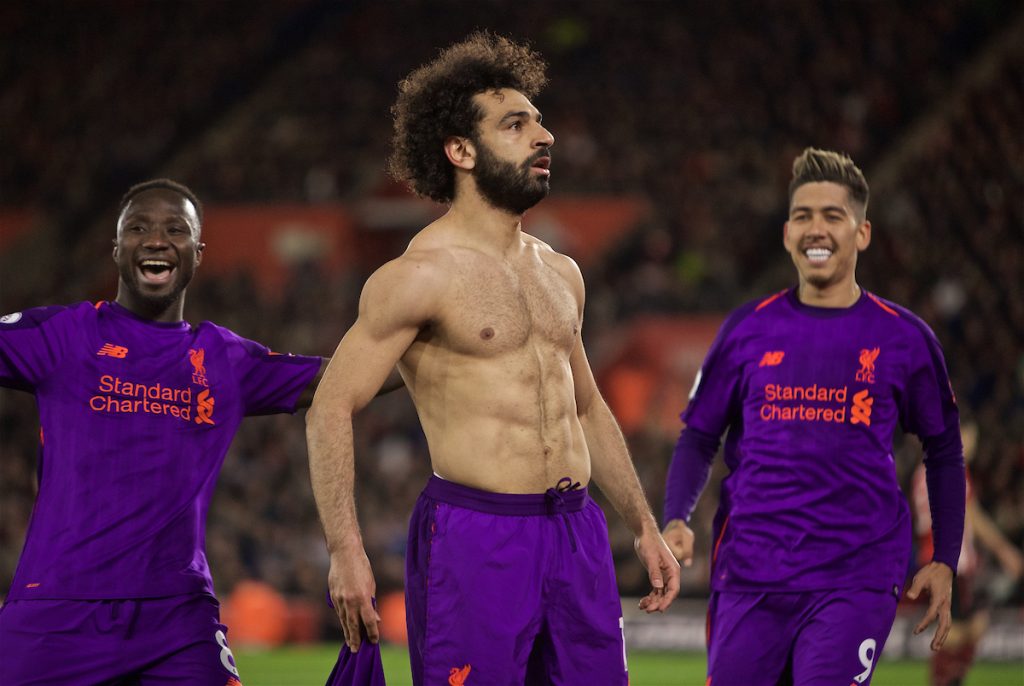 SOUTHAMPTON, ENGLAND - Friday, April 5, 2019: Liverpool's Mohamed Salah celebrates scoring the second goal during the FA Premier League match between Southampton FC and Liverpool FC at the St. Mary's Stadium. (Pic by David Rawcliffe/Propaganda)