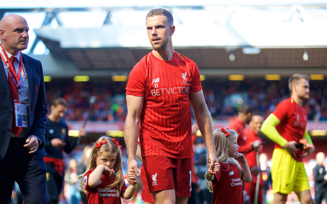 LIVERPOOL, ENGLAND - Sunday, May 13, 2018: Liverpool's captain Jordan Henderson with his daughters on the pitch during the players' lap of honour after the FA Premier League match between Liverpool FC and Brighton & Hove Albion FC at Anfield. Liverpool won 4-0 and finished 4th. (Pic by David Rawcliffe/Propaganda)