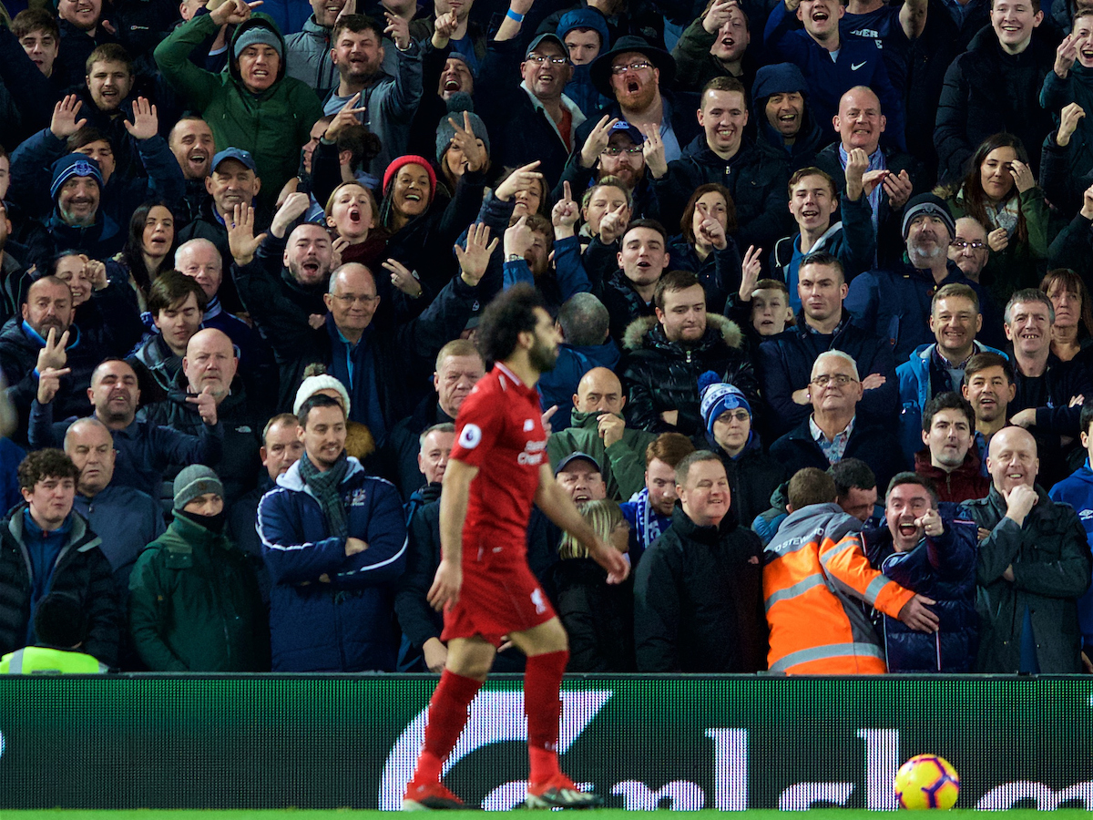 LIVERPOOL, ENGLAND - Sunday, December 2, 2018: Everton supporters gesture towards Liverpool's Mohamed Salah during the FA Premier League match between Liverpool FC and Everton FC at Anfield, the 232nd Merseyside Derby. (Pic by Paul Greenwood/Propaganda)
