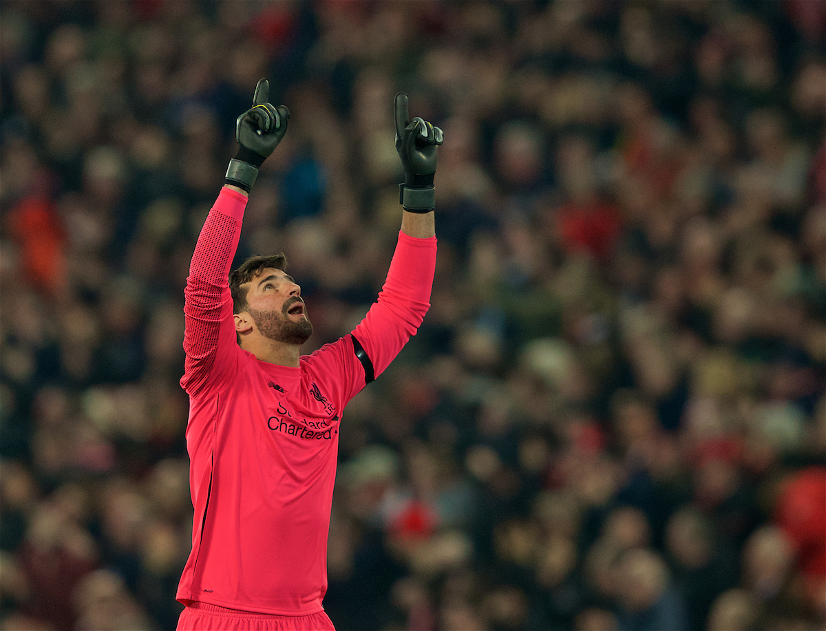 LIVERPOOL, ENGLAND - Wednesday, February 27, 2019: Liverpool's goalkeeper Alisson Becker celebrates as his side score the second goal during the FA Premier League match between Liverpool FC and Watford FC at Anfield. (Pic by Paul Greenwood/Propaganda)