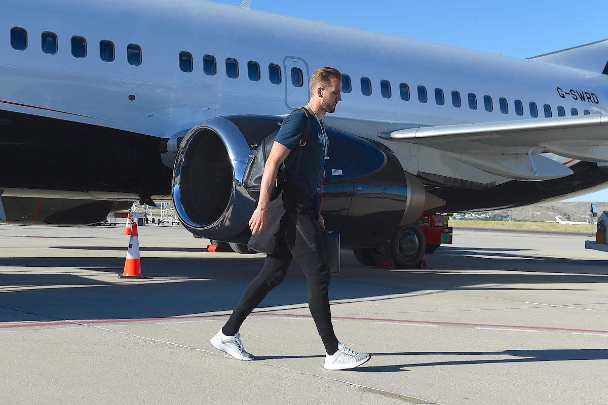 MADRID, SPAIN - Wednesday, May 29, 2019: Tottenham Hotspur's Harry Kane arrives at the Adolfo Suarez Madrid-Barajas Airport ahead of the UEFA Champions League Final between Tottenham Hotspur FC and Liverpool FC. (Pic by Denis Doyle/UEFA)