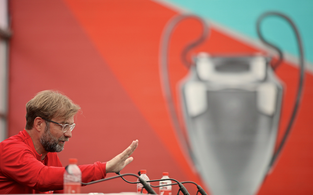 LIVERPOOL, ENGLAND - Tuesday, May 28, 2019: Liverpool's manager Jürgen Klopp during a press conference at Melwood Training Ground ahead of the UEFA Champions League Final match between Tottenham Hotspur FC and Liverpool FC. (Pic by David Rawcliffe/Propaganda)