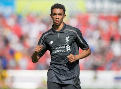 Liverpool's Trent Alexander-Arnold in action against Swindon Town during a friendly match at the County Ground