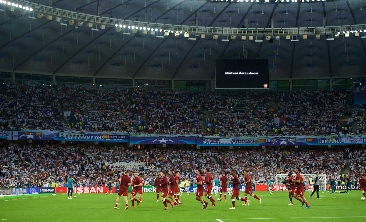 KIEV, UKRAINE - Saturday, May 26, 2018: Liverpool players during the pre-match warm-up before the UEFA Champions League Final match between Real Madrid CF and Liverpool FC at the NSC Olimpiyskiy. (Pic by Peter Powell/Propaganda)