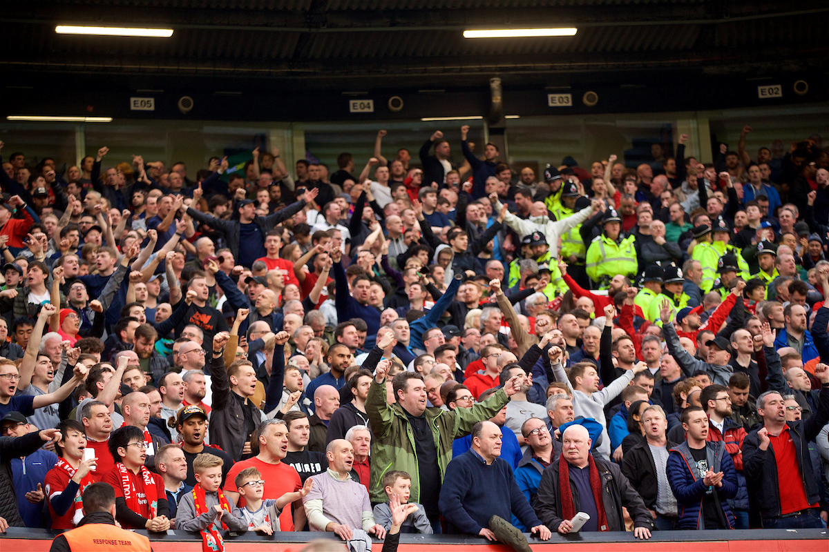 MANCHESTER, ENGLAND - Sunday, February 24, 2019: Liverpool supporters celebrate going top of the league after the FA Premier League match between Manchester United FC and Liverpool FC at Old Trafford. The game ended in a 0-0 draw. (Pic by David Rawcliffe/Propaganda)