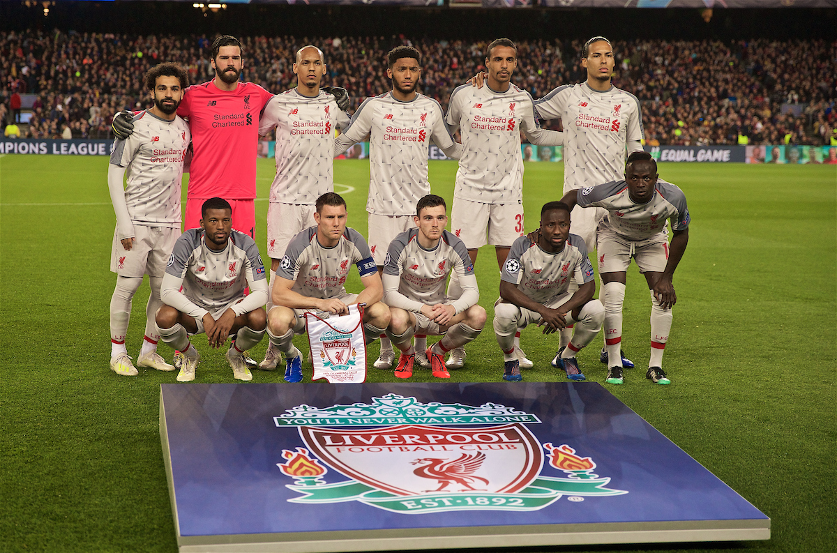 BARCELONA, SPAIN - Wednesday, May 1, 2019: Liverpool's players line-up for a team group photograph before the UEFA Champions League Semi-Final 1st Leg match between FC Barcelona and Liverpool FC at the Camp Nou. Back row L-R: Mohamed Salah, goalkeeper Alisson Becker, Fabio Henrique Tavares 'Fabinho', Joe Gomez, Joel Matip, Virgil van Dijk. Front row L-R:  Georginio Wijnaldum, captain James Milner, Andy Robertson, Naby Keita, Sadio Mane. (Pic by David Rawcliffe/Propaganda)