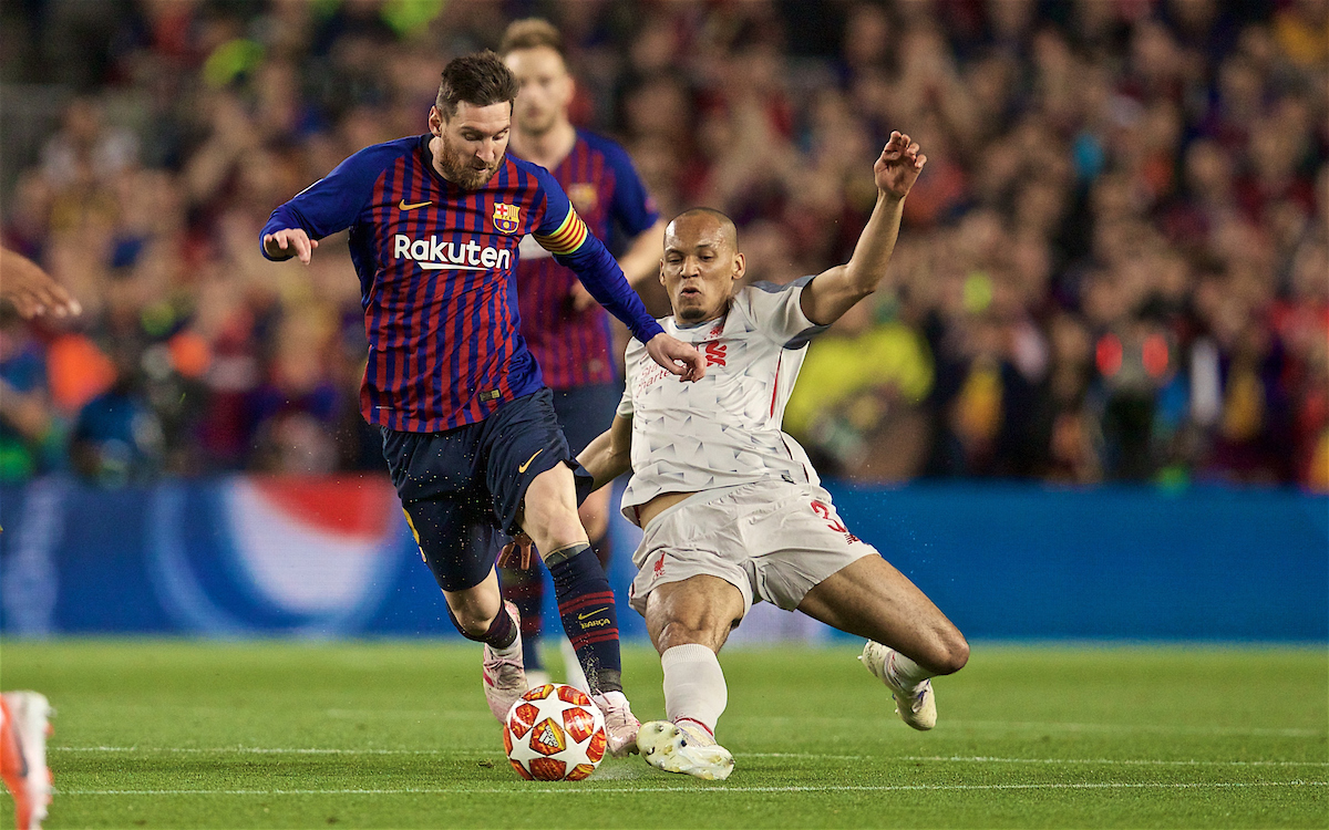 BARCELONA, SPAIN - Wednesday, May 1, 2019: Liverpool's Fabio Henrique Tavares 'Fabinho' (R) and FC Barcelona's Lionel Messi during the UEFA Champions League Semi-Final 1st Leg match between FC Barcelona and Liverpool FC at the Camp Nou. (Pic by David Rawcliffe/Propaganda)