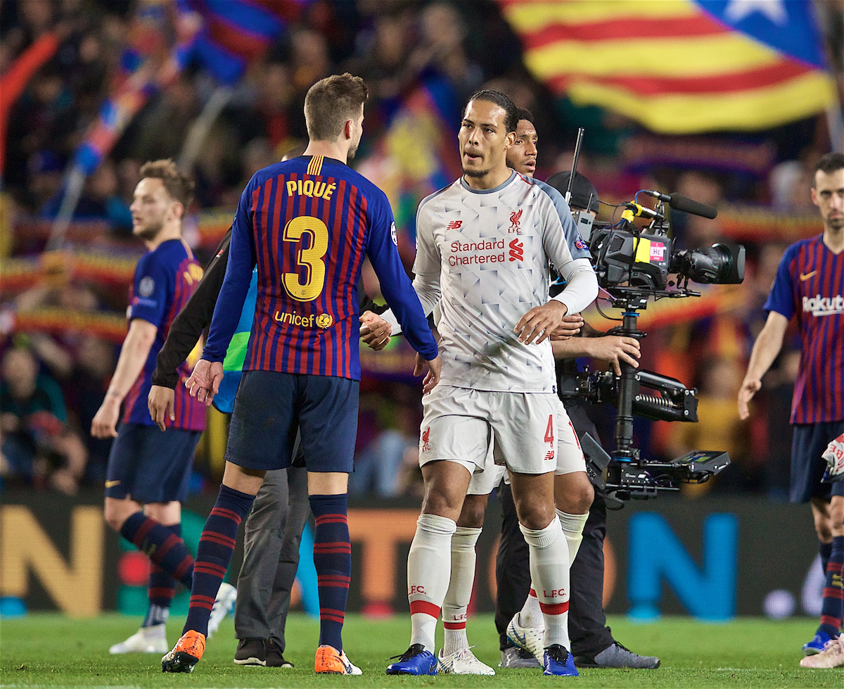 BARCELONA, SPAIN - Wednesday, May 1, 2019: Liverpool's Virgil van Dijk looks dejected after losing 3-0 during the UEFA Champions League Semi-Final 1st Leg match between FC Barcelona and Liverpool FC at the Camp Nou. (Pic by David Rawcliffe/Propaganda)