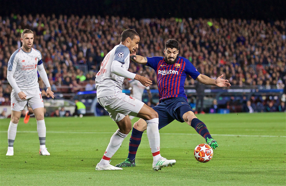 BARCELONA, SPAIN - Wednesday, May 1, 2019: Liverpool's Joel Matip (L) and FC Barcelona's Luis Suárez during the UEFA Champions League Semi-Final 1st Leg match between FC Barcelona and Liverpool FC at the Camp Nou. (Pic by David Rawcliffe/Propaganda)