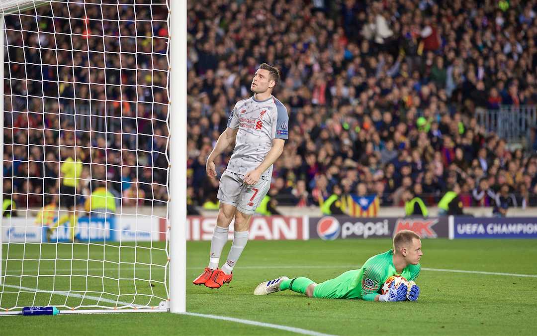 BARCELONA, SPAIN - Wednesday, May 1, 2019: Liverpool's James Milner looks dejected after missing a chance during the UEFA Champions League Semi-Final 1st Leg match between FC Barcelona and Liverpool FC at the Camp Nou. (Pic by David Rawcliffe/Propaganda)