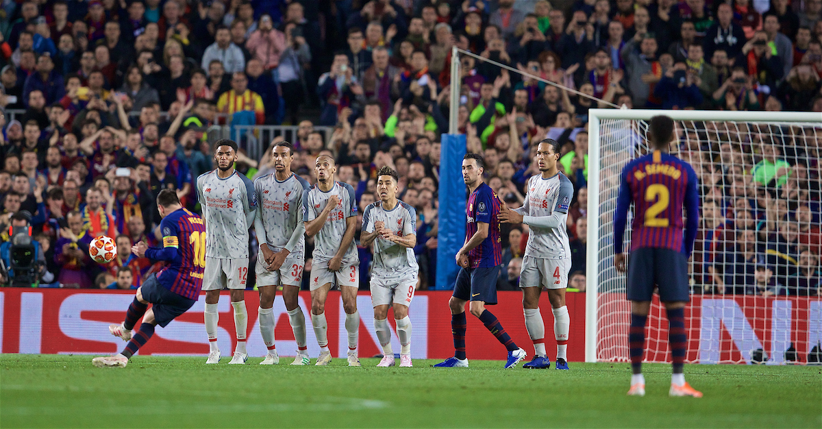 BARCELONA, SPAIN - Wednesday, May 1, 2019: FC Barcelona's Lionel Messi scores the third goal from a free-kick during the UEFA Champions League Semi-Final 1st Leg match between FC Barcelona and Liverpool FC at the Camp Nou. (Pic by David Rawcliffe/Propaganda)