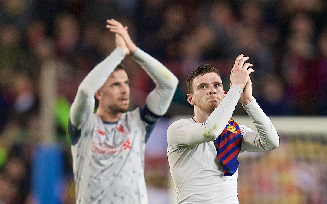 BARCELONA, SPAIN - Wednesday, May 1, 2019: Liverpool's Andy Robertson looks dejected after during the UEFA Champions League Semi-Final 1st Leg match between FC Barcelona and Liverpool FC at the Camp Nou. Liverpool lost 3-0. (Pic by David Rawcliffe/Propaganda)
