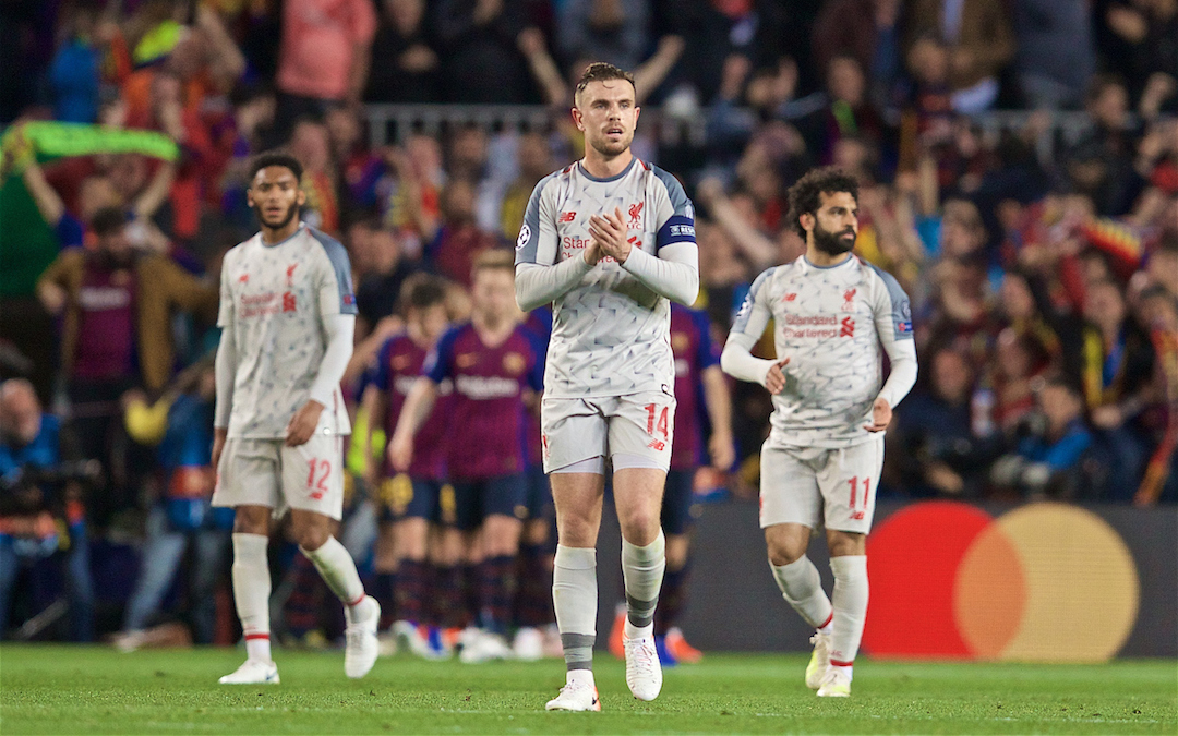 BARCELONA, SPAIN - Wednesday, May 1, 2019: Liverpool's captain Jordan Henderson looks dejected as FC Barcelona score a second goal during the UEFA Champions League Semi-Final 1st Leg match between FC Barcelona and Liverpool FC at the Camp Nou. FC Barcelona won 3-0. (Pic by David Rawcliffe/Propaganda)