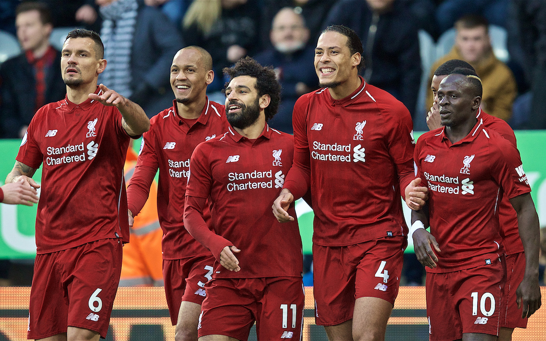 NEWCASTLE-UPON-TYNE, ENGLAND - Saturday, May 4, 2019: Liverpool's Virgil van Dijk celebrates scoring the first goal with a header with team-mates during the FA Premier League match between Newcastle United FC and Liverpool FC at St. James' Park. (Pic by David Rawcliffe/Propaganda)