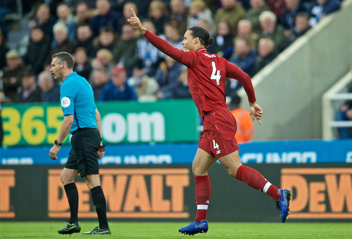 NEWCASTLE-UPON-TYNE, ENGLAND - Saturday, May 4, 2019: Liverpool's Virgil van Dijk celebrates scoring the first goal during the FA Premier League match between Newcastle United FC and Liverpool FC at St. James' Park. (Pic by David Rawcliffe/Propaganda)