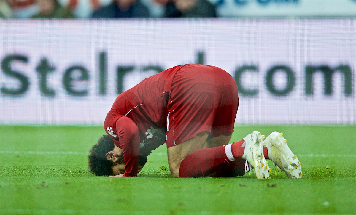 NEWCASTLE-UPON-TYNE, ENGLAND - Saturday, May 4, 2019: Liverpool's Mohamed Salah kneels to pray as he celebrates scoring the second goal during the FA Premier League match between Newcastle United FC and Liverpool FC at St. James' Park. (Pic by David Rawcliffe/Propaganda)