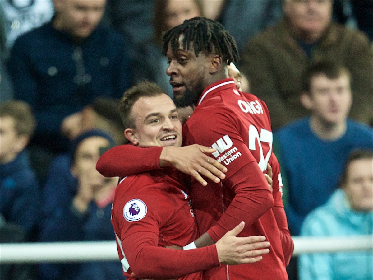 NEWCASTLE-UPON-TYNE, ENGLAND - Saturday, May 4, 2019: Liverpool's Divock Origi (R) celebrates scoring the third goal with team-mate Xherdan Shaqiri (L) during the FA Premier League match between Newcastle United FC and Liverpool FC at St. James' Park. (Pic by David Rawcliffe/Propaganda)