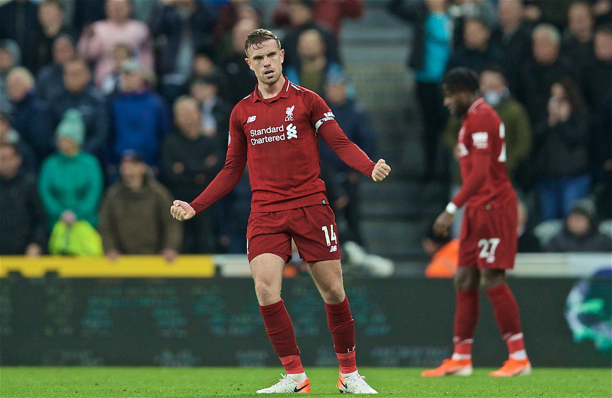 NEWCASTLE-UPON-TYNE, ENGLAND - Saturday, May 4, 2019: Liverpool's captain Jordan Henderson celebrates at the final whistle after the FA Premier League match between Newcastle United FC and Liverpool FC at St. James' Park. (Pic by David Rawcliffe/Propaganda)