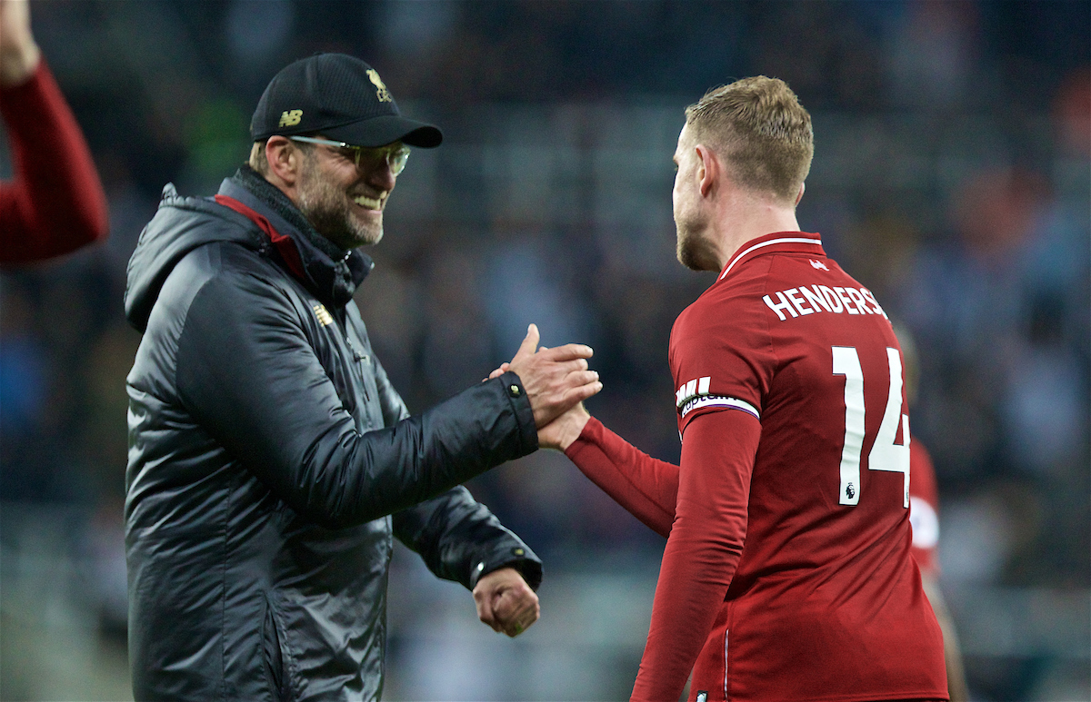 NEWCASTLE-UPON-TYNE, ENGLAND - Saturday, May 4, 2019: Liverpool's manager Jürgen Klopp shakes hands with captain Jordan Henderson after the FA Premier League match between Newcastle United FC and Liverpool FC at St. James' Park. Liverpool won 3-2. (Pic by David Rawcliffe/Propaganda)