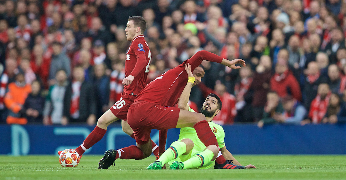 LIVERPOOL, ENGLAND - Tuesday, May 7, 2019: Liverpool's Joel Matip (L) and FC Barcelona's Luis Suárez during the UEFA Champions League Semi-Final 2nd Leg match between Liverpool FC and FC Barcelona at Anfield. (Pic by David Rawcliffe/Propaganda)