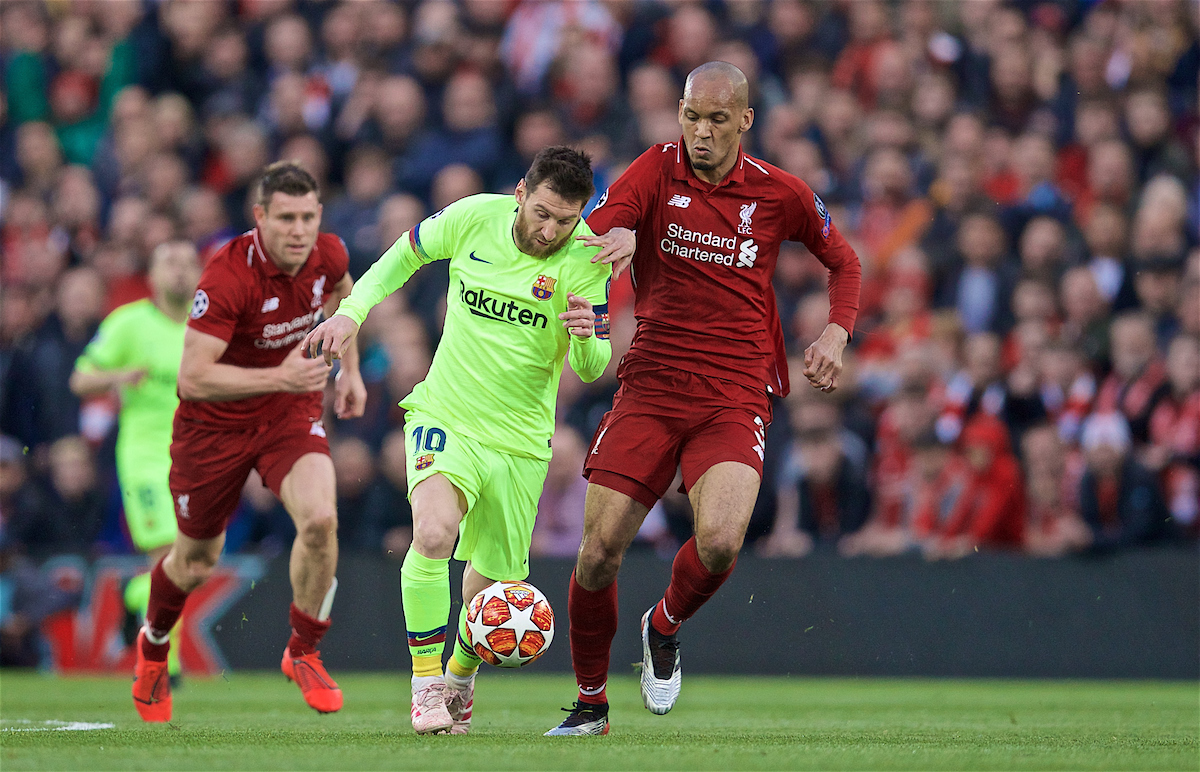 LIVERPOOL, ENGLAND - Tuesday, May 7, 2019: Liverpool's Fabio Henrique Tavares 'Fabinho' (R) and FC Barcelona's Lionel Messi (L) during the UEFA Champions League Semi-Final 2nd Leg match between Liverpool FC and FC Barcelona at Anfield. (Pic by David Rawcliffe/Propaganda)