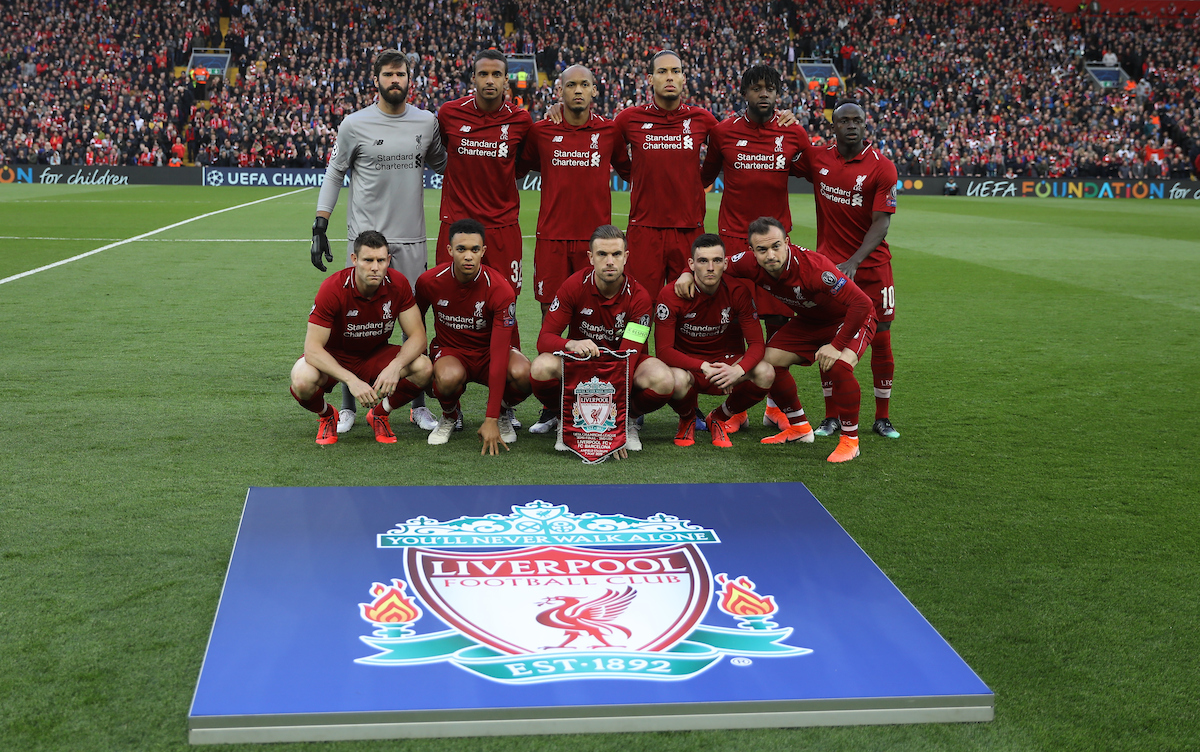 LIVERPOOL, ENGLAND - Tuesday, May 7, 2019: Liverpool's players line-up for a team group photograph before the UEFA Champions League Semi-Final 2nd Leg match between Liverpool FC and FC Barcelona at Anfield. Back row L-R: goalkeeper Alisson Becker, Joel Matip, Fabio Henrique Tavares 'Fabinho', Virgil van Dijk, Divock Origi, Sadio Mane. Front row L-R: James Milner, Trent Alexander-Arnold, captain Jordan Henderson, Andy Robertson, Xherdan Shaqiri.(Pic by David Rawcliffe/Propaganda)