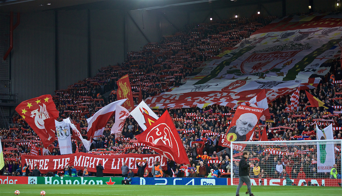 LIVERPOOL, ENGLAND - Tuesday, May 7, 2019: Liverpool supporters on the Spion Kop before the UEFA Champions League Semi-Final 2nd Leg match between Liverpool FC and FC Barcelona at Anfield. (Pic by David Rawcliffe/Propaganda)
