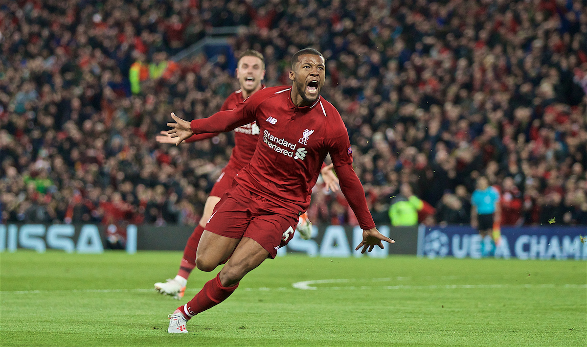 LIVERPOOL, ENGLAND - Tuesday, May 7, 2019: Liverpool's Georginio Wijnaldum celebrates scoring the third goal during the UEFA Champions League Semi-Final 2nd Leg match between Liverpool FC and FC Barcelona at Anfield. (Pic by David Rawcliffe/Propaganda)