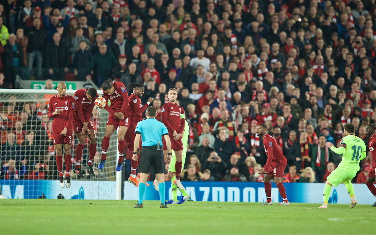 LIVERPOOL, ENGLAND - Tuesday, May 7, 2019: Liverpool players defend a free-kick from FC Barcelona's Lionel Messi during the UEFA Champions League Semi-Final 2nd Leg match between Liverpool FC and FC Barcelona at Anfield. (Pic by David Rawcliffe/Propaganda)