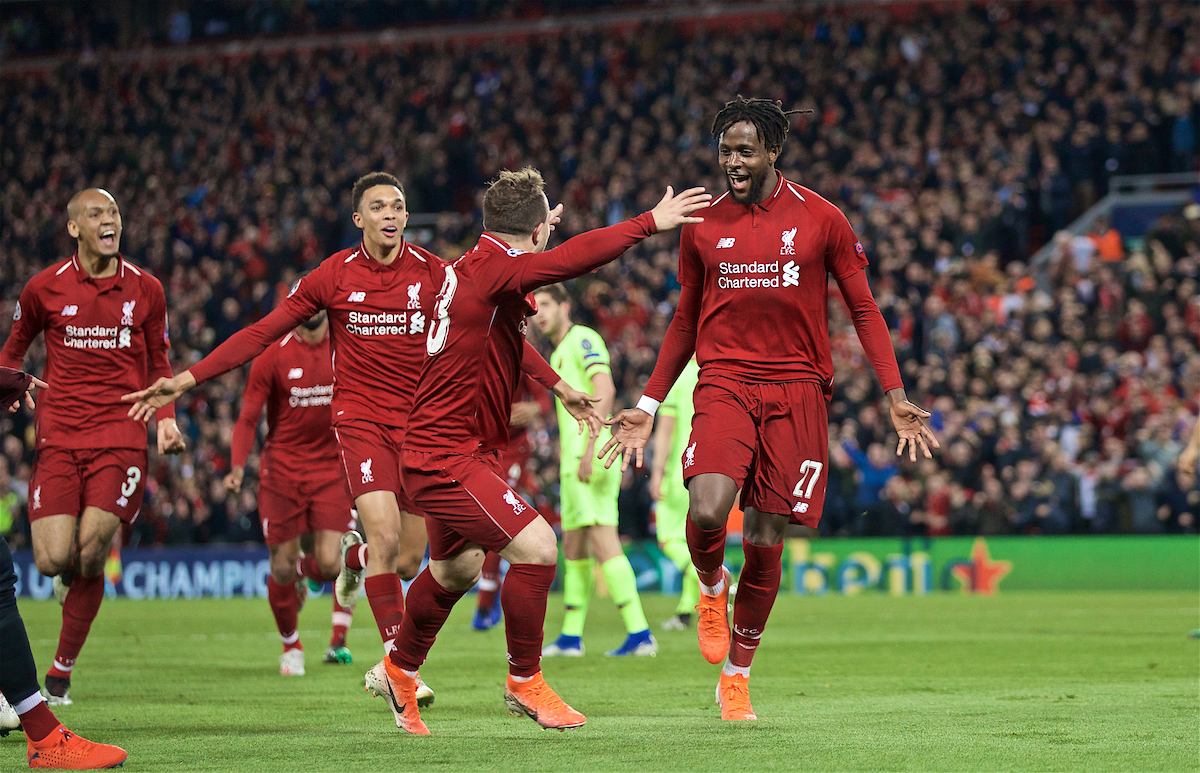 LIVERPOOL, ENGLAND - Tuesday, May 7, 2019: Liverpool's Divock Origi celebrates scoring the fourth goal with team-mates during the UEFA Champions League Semi-Final 2nd Leg match between Liverpool FC and FC Barcelona at Anfield. (Pic by David Rawcliffe/Propaganda)