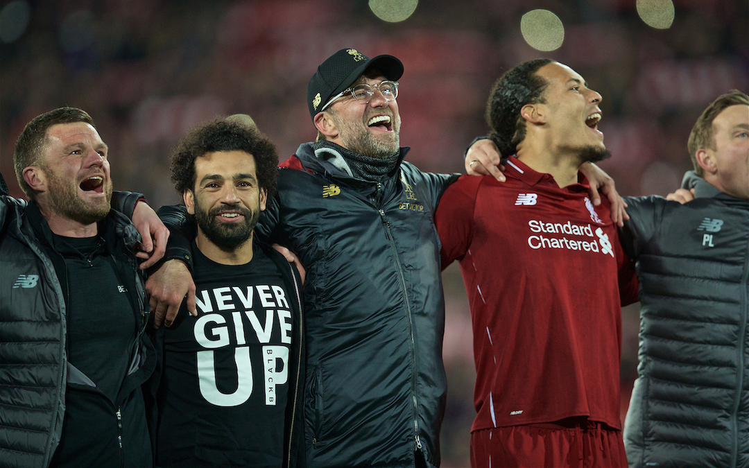 LIVERPOOL, ENGLAND - Tuesday, May 7, 2019: Liverpool's Mohamed Salah, manager Jürgen Klopp and Virgil van Dijk celebrate after the UEFA Champions League Semi-Final 2nd Leg match between Liverpool FC and FC Barcelona at Anfield. Liverpool won 4-0 (4-3 on aggregate). (Pic by David Rawcliffe/Propaganda)