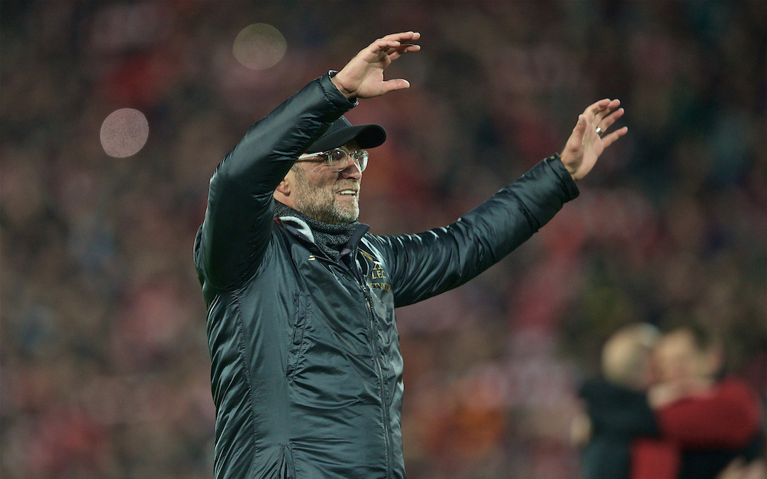LIVERPOOL, ENGLAND - Tuesday, May 7, 2019: Liverpool's manager Jürgen Klopp celebrates after the UEFA Champions League Semi-Final 2nd Leg match between Liverpool FC and FC Barcelona at Anfield. Liverpool won 4-0 (4-3 on aggregate). (Pic by David Rawcliffe/Propaganda)