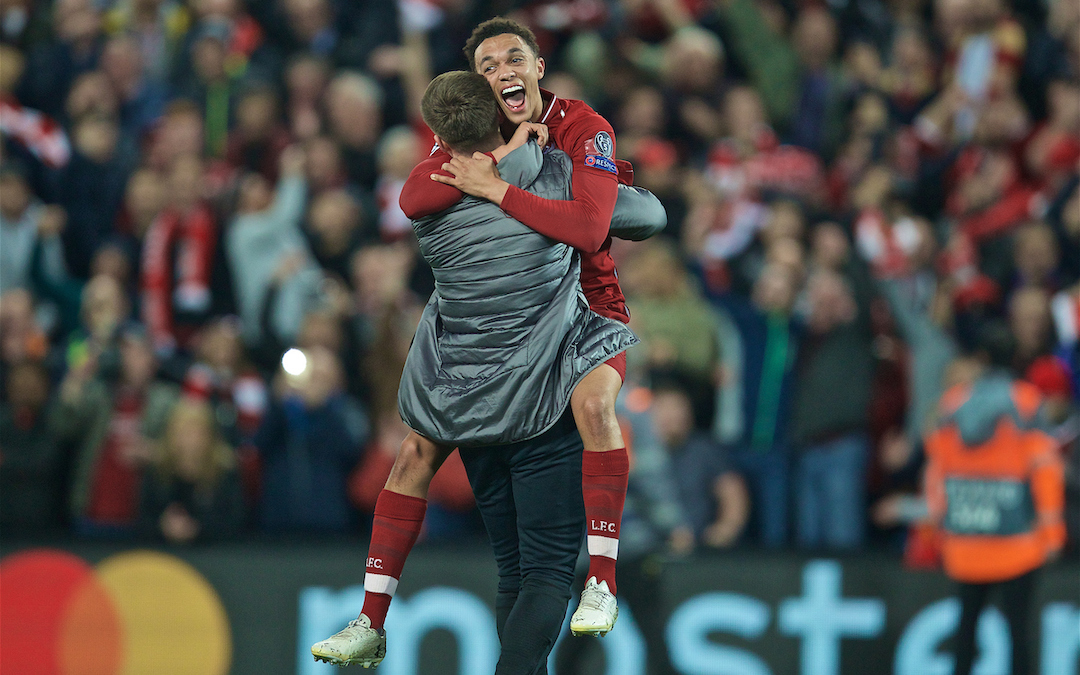 LIVERPOOL, ENGLAND - Tuesday, May 7, 2019: Liverpool's Trent Alexander-Arnold celebrates after the UEFA Champions League Semi-Final 2nd Leg match between Liverpool FC and FC Barcelona at Anfield. Liverpool won 4-0 (4-3 on aggregate). (Pic by David Rawcliffe/Propaganda)