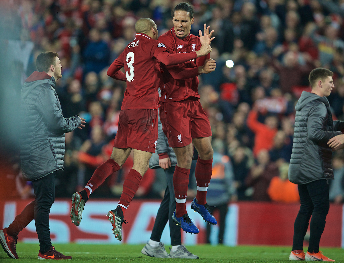 LIVERPOOL, ENGLAND - Tuesday, May 7, 2019: Liverpool's Virgil van Dijk (R) celebrates with Fabio Henrique Tavares 'Fabinho' after the UEFA Champions League Semi-Final 2nd Leg match between Liverpool FC and FC Barcelona at Anfield. Liverpool won 4-0 (4-3 on aggregate). (Pic by David Rawcliffe/Propaganda)