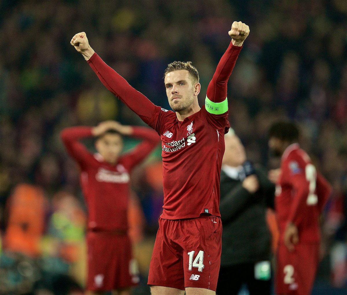 LIVERPOOL, ENGLAND - Tuesday, May 7, 2019: Liverpool's captain Jordan Henderson celebrates the 4-0 victory (4-3 on aggregate) over FC Barcelona after the UEFA Champions League Semi-Final 2nd Leg match between Liverpool FC and FC Barcelona at Anfield. (Pic by David Rawcliffe/Propaganda)