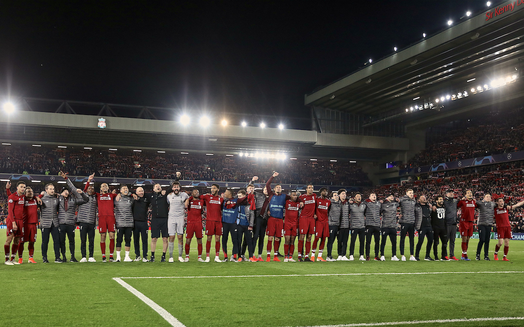 LIVERPOOL, ENGLAND - Tuesday, May 7, 2019: Liverpool players and staff celebrate after the UEFA Champions League Semi-Final 2nd Leg match between Liverpool FC and FC Barcelona at Anfield. Liverpool won 4-0 (4-3 on aggregate). (Pic by David Rawcliffe/Propaganda)