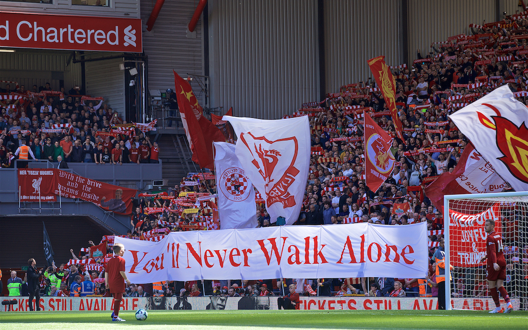 LIVERPOOL, ENGLAND - Sunday, May 12, 2019: Liverpool supporters singing "You'll Never Walk Alone" before the final FA Premier League match of the season between Liverpool FC and Wolverhampton Wanderers FC at Anfield. (Pic by David Rawcliffe/Propaganda)