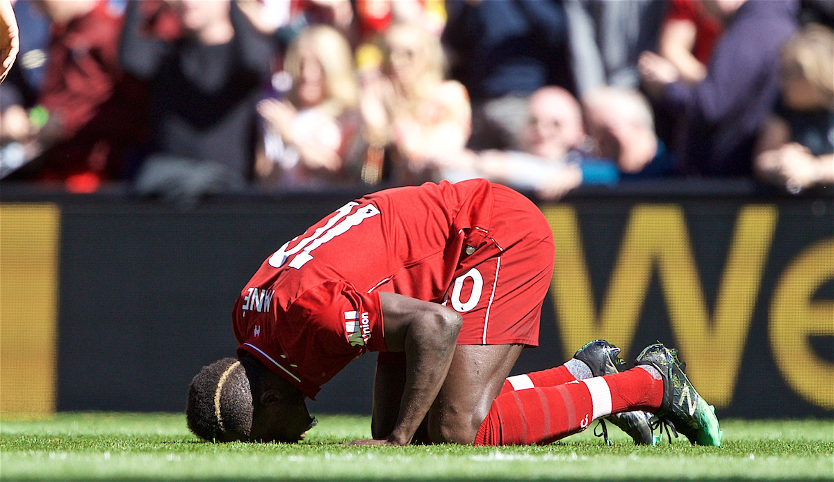 LIVERPOOL, ENGLAND - Sunday, May 12, 2019: Liverpool's Sadio Mane celebrates scoring the first goal during the final FA Premier League match of the season between Liverpool FC and Wolverhampton Wanderers FC at Anfield. (Pic by David Rawcliffe/Propaganda)