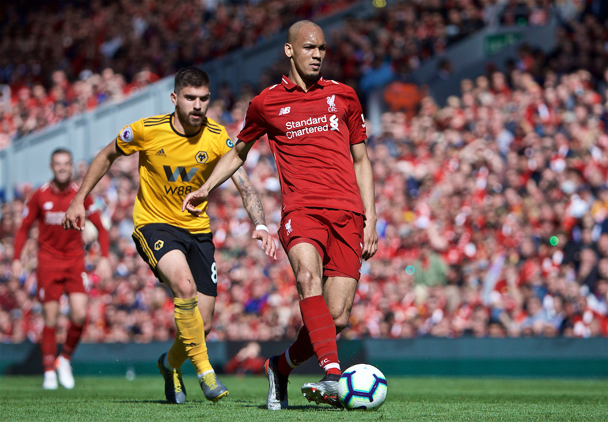 LIVERPOOL, ENGLAND - Sunday, May 12, 2019: Wolverhampton Wanderers' Rúben Neves (L) and Liverpool's Fabio Henrique Tavares 'Fabinho' (R) during the final FA Premier League match of the season between Liverpool FC and Wolverhampton Wanderers FC at Anfield. (Pic by David Rawcliffe/Propaganda)